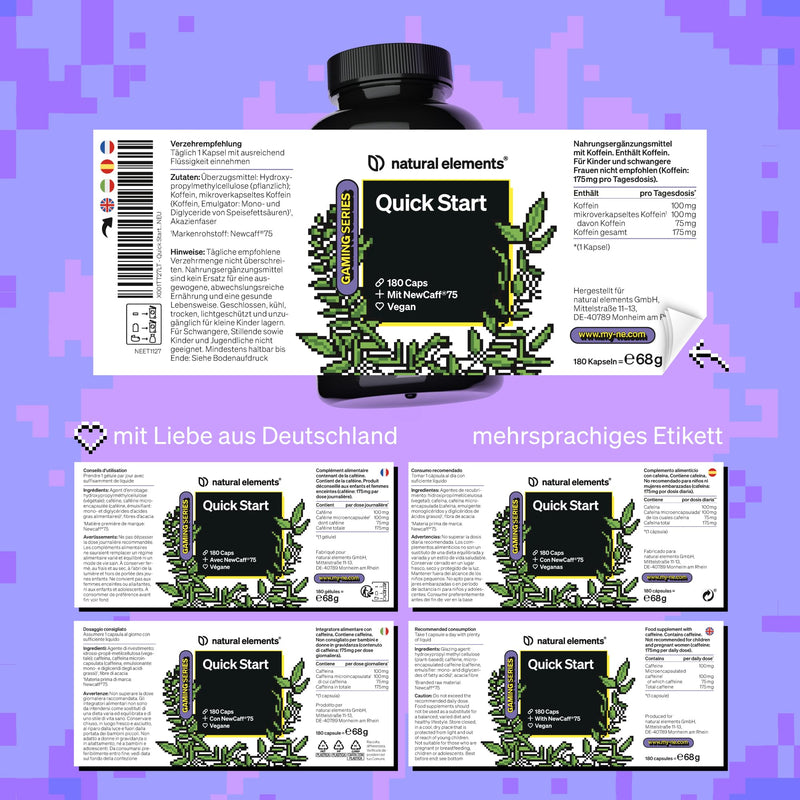 Quick Start – 180 capsules – 6 months range – with caffeine (NewCaff®75) – vegan, high dosage – produced in Germany & laboratory tested - NewNest Australia