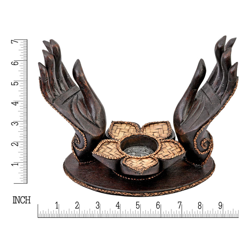 NewNest Australia - Blessed Pair of Open Hands Lotus Flower Rain Tree Wood Candle Holder Brown 