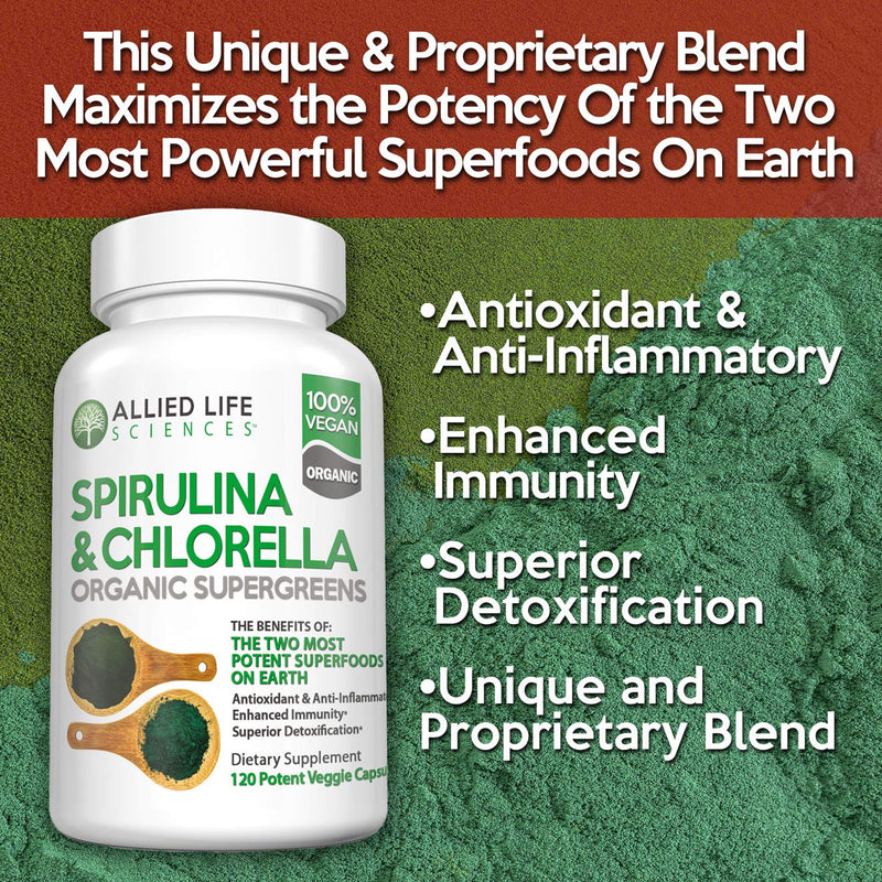 Allied Life Spirulina and Chlorella | Organic Chlorophyll Vegan Protein Powder Green Superfood | 120 Capsules 120 Count (Pack of 1) - NewNest Australia