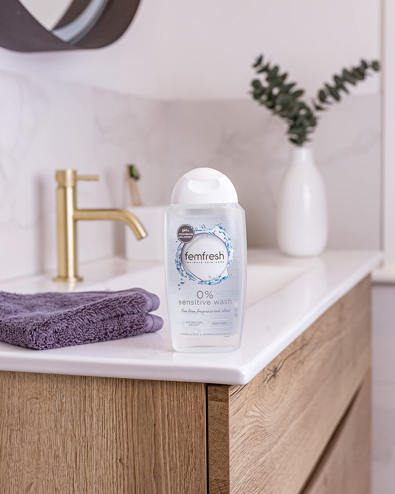 Femfresh 0% Sensitive Intimate Wash - Feminine Hygiene Shower & Bath Gel Cleanser - pH Balanced, Soap Free, Fragrance Free Vegan Formula - w. Purifying Lotus Flower Extract to Soothe & Protect - 250ml - NewNest Australia