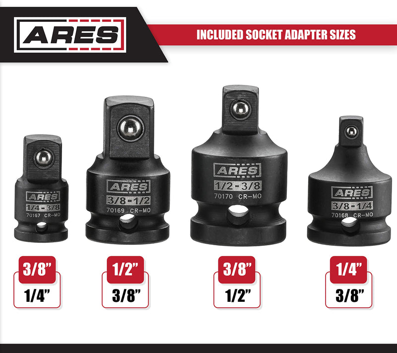 ARES 28000 - Impact 3-Inch Extension and Socket Adapter Set - Includes 3-Inch Extensions in 1/4-Inch Drive, 3/8-Inch Drive, and 1/2-Inch Drive, 2 Socket Adapters, and 2 Socket Reducers - NewNest Australia