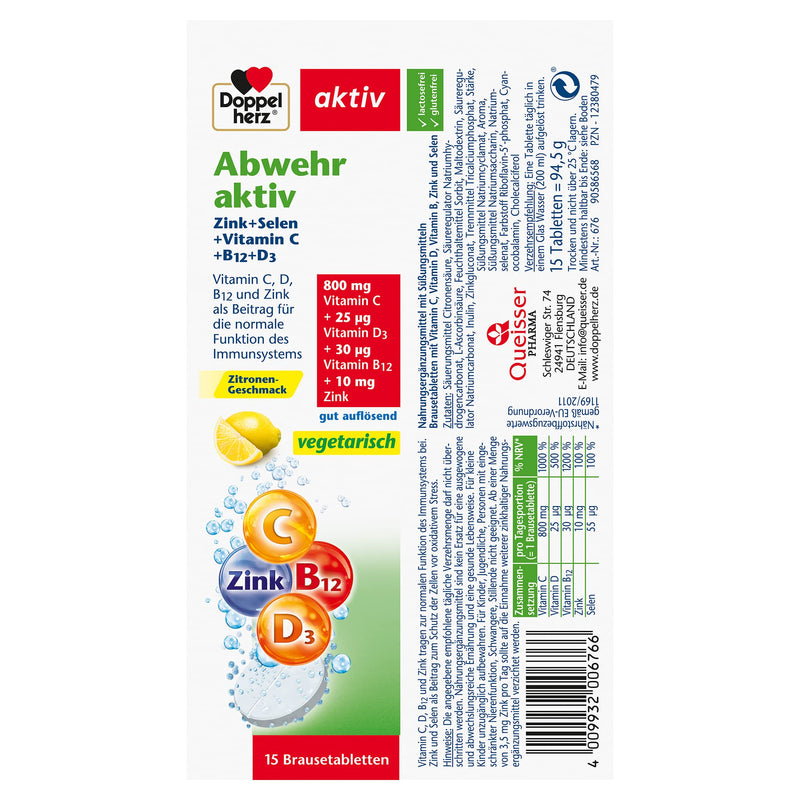 Doppelherz Defense Active Zinc + Selenium + Vitamin C + B12 + D3 - as a contribution to the normal function of the immune system - 15 well-dissolving effervescent tablets with lemon flavor 15 pieces (pack of 1) - NewNest Australia