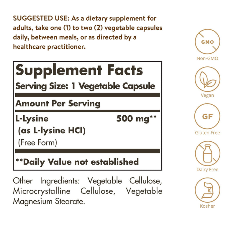 Solgar L-Lysine 500 mg, 250 Vegetable Capsules - Enhanced Absorption & Assimilation - Promotes Integrity of Skin & Lips - Collagen Support - Amino Acids - Non-GMO, Vegan, Gluten Free - 250 Servings 250 Count (Pack of 1) Standard Packaging - NewNest Australia
