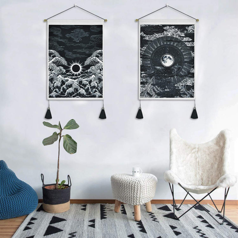 NewNest Australia - Pack of 2 Tapestry Moon and Star Tapestry Ocean Wave Tapestry Black and White Tapestries Mountain Tapestry Sunset Great Wave Tapestry Wall Hanging for Room (13.8 x 19.7 inches) 