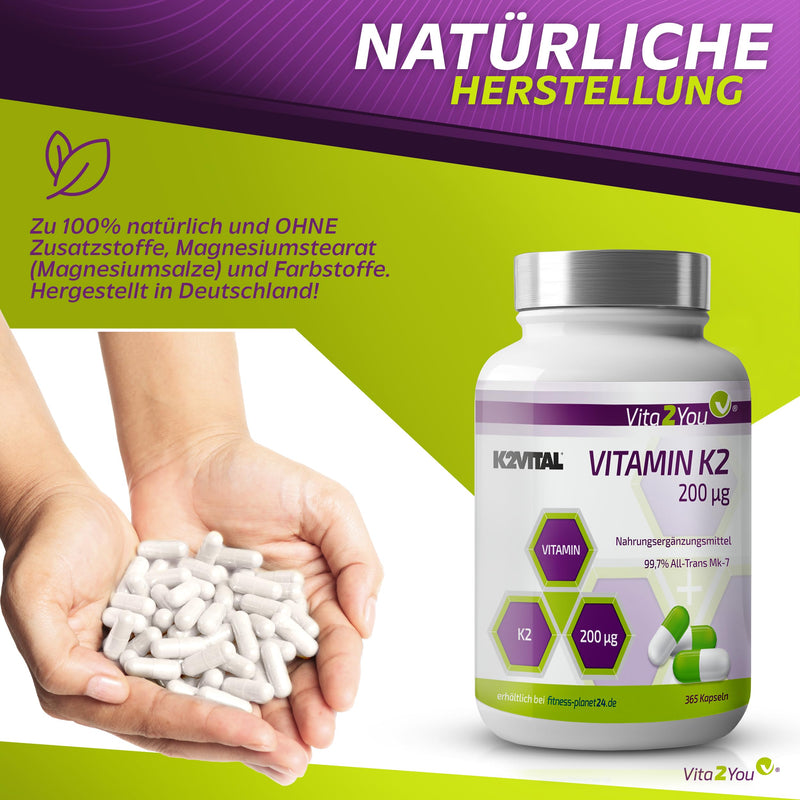 Vita2You Vitamin K2-200µg - 365 capsules - Original K2VITAL® - > 99.7% All-Trans - Annual pack - Natural Menaquinone MK-7 - Premium quality - Made in Germany - NewNest Australia