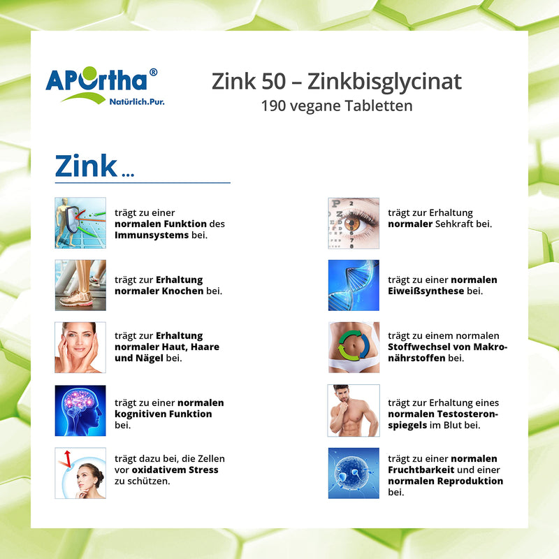 Aportha High-Dose Zinc Tablets (190 Pieces), 50 Mg Zinc Bisglycinate Per Tablet, Annual Supply Of 0.5 Tablets Per Day, Vegan Without Additives, Alternative To Zinc Capsules - NewNest Australia