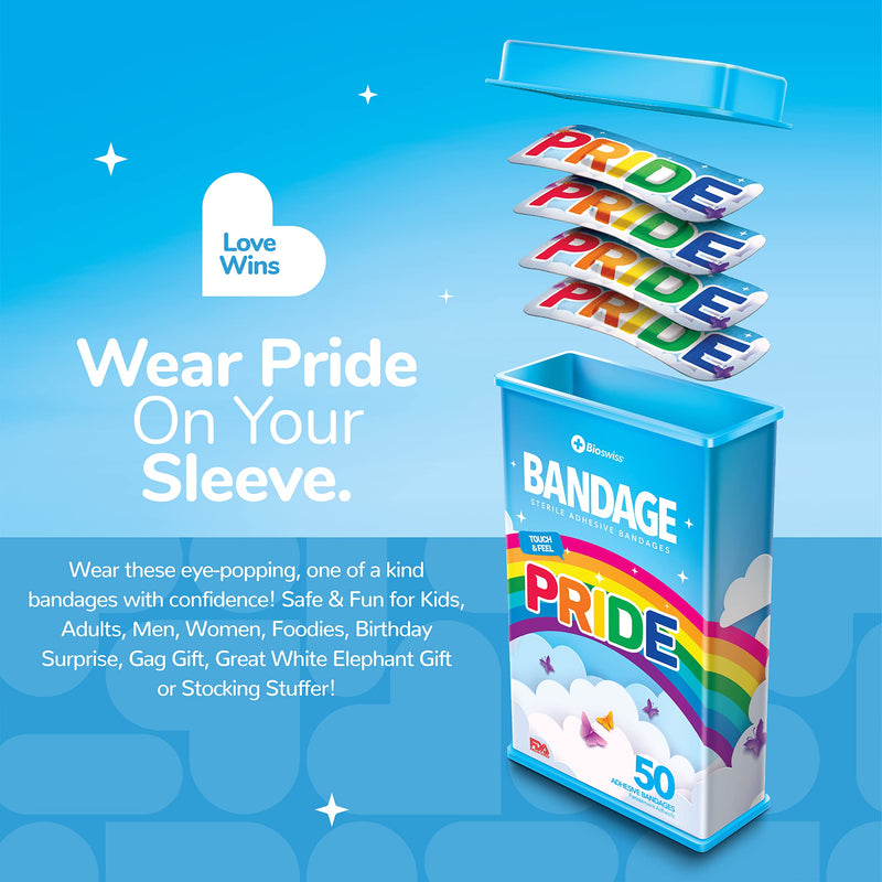 BioSwiss 50pcs Sterile Adhesive Unique Shaped Bandages | Adhesive Sterile LGBTQ+ Rainbow Pride Bandaids in Support of Gay Pride Protect Scrapes and Cuts | Wellness for Everyone | Reusable Tin (Pride) - NewNest Australia