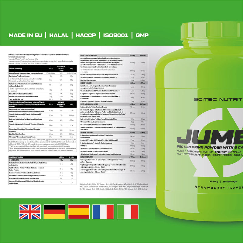 Scitec Nutrition Jumbo Protein Drink Powder With Carbohydrates, Creatine, L-Arginine, Betaine, Bioperine, Mct Oil Powder, With Added Amino Acids, 3.52 Kg, Strawberry - NewNest Australia