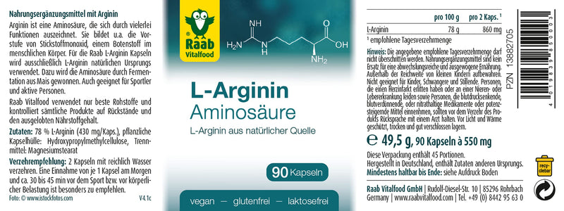Raab Vitalfood L-Arginine Capsules For Athletes, Pack Of 90, Vegan, 430 Mg Per Capsule, Before Strength Training, Gluten-Free, Laboratory Tested, 49.5 G 3000486 - NewNest Australia