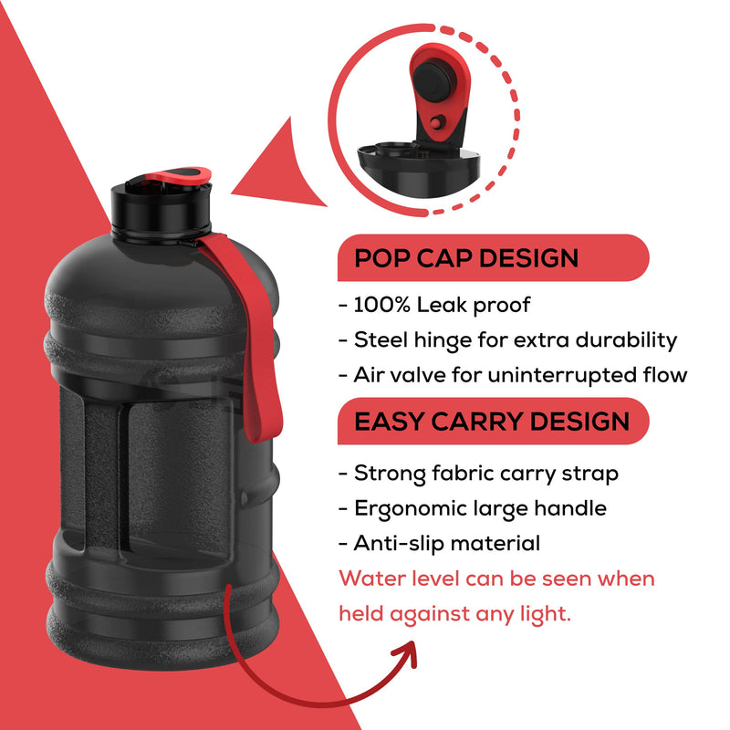 Fuel24 Jug - 2.2 Litre Water Bottle - Extra Strong Flex Material - Drop Proof, Pop or Straw Cap Options - 2.2L Large Gym Sports Bottle, BPA FREE Pop Cap Transparent Black - NewNest Australia
