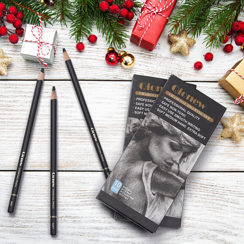 Qionew Professional Charcoal Pencils Drawing Set - 10 Pieces Ex-Soft, Soft, Medium & Hard Charcoal Pencils for Drawing, Sketching, Shading, Ideal Artist Pencils for Beginners & Artists - NewNest Australia