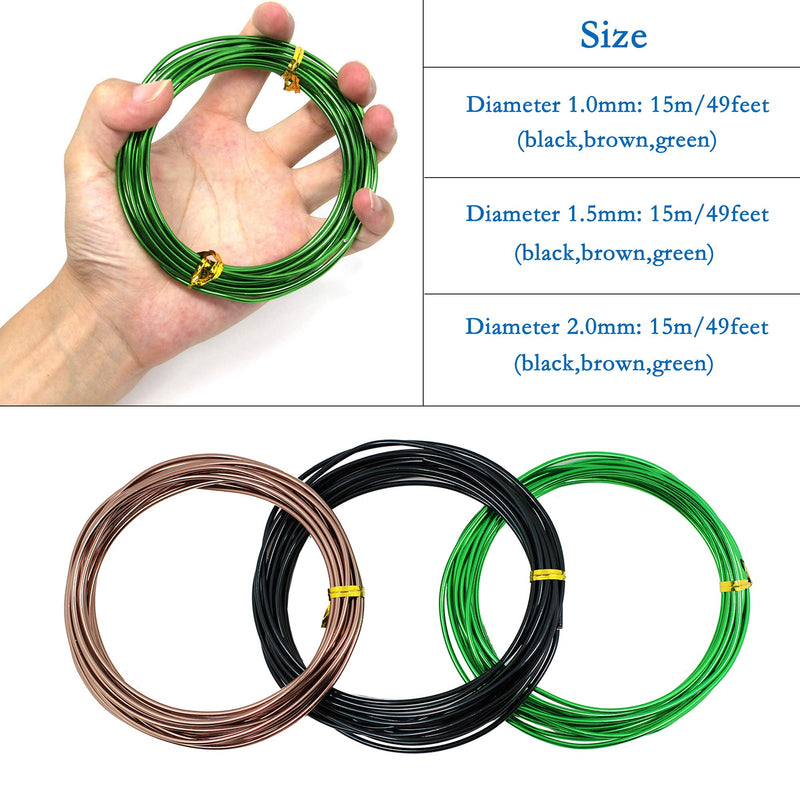 YOURSEE 9 Rolls Bonsai Wires, Anodized Aluminum Bonsai Training Wire with 3 Colors (Black, Brown, Green) and 3 Sizes (1.0 mm, 1.5 mm, 2.0 mm), Total 147 Feet black,green,brown - NewNest Australia