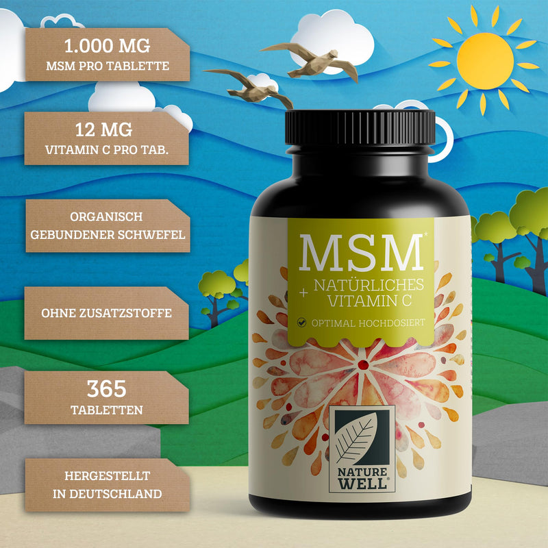 MSM 2000 mg per day + natural vitamin C - 365 MSM tablets with methylsulfonylmethane - more compact MSM powder than MSM capsules - 1000 mg MSM per tablet - vegan & without additives - NatureWell 374.00 g (pack of 1) - NewNest Australia