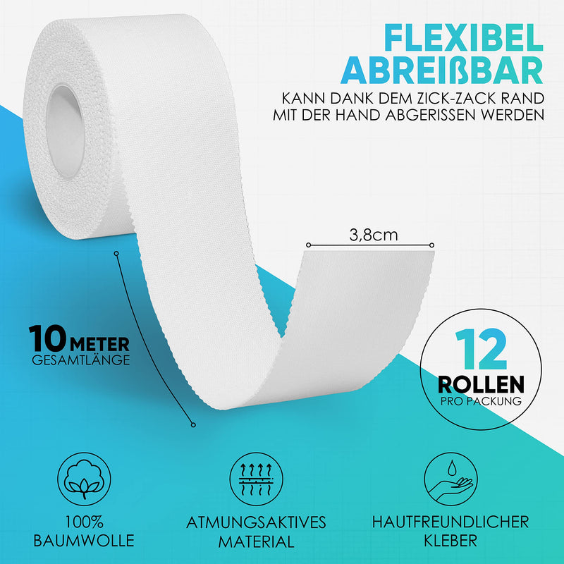 Health Press sports tape - 12 tape rolls (3.8cm x 10m) - sports tape white - tearable professional sports tape - sports tape bandage for all sports 12 rolls of 10m white - NewNest Australia