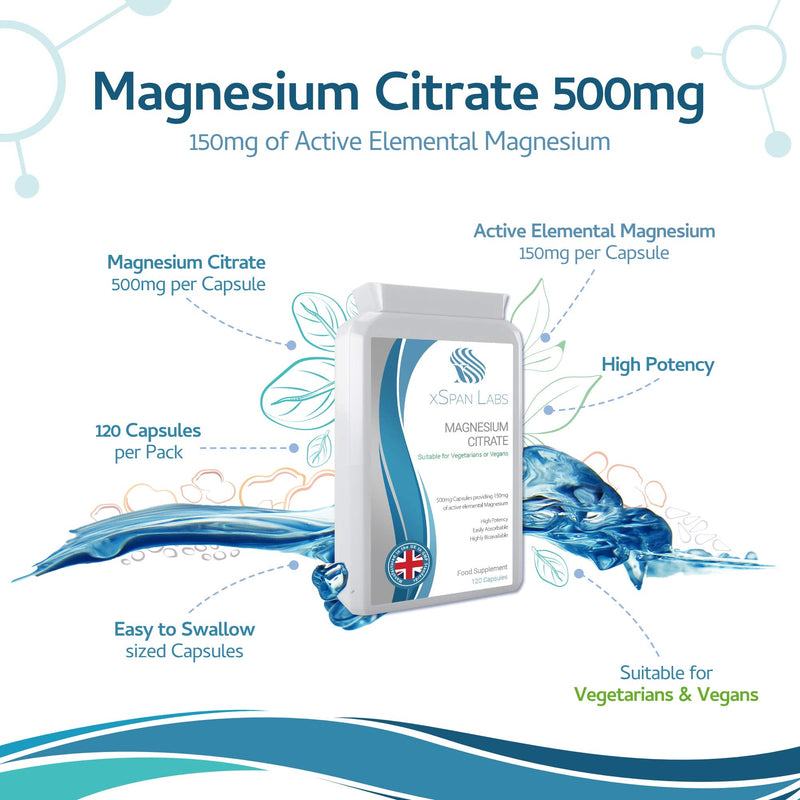 Magnesium Citrate 500mg 120 Capsules - Providing 150mg of Active Elemental Magnesium - High Potency - Easily Absorbable - Highly Bioavailable - UK Manufactured - NewNest Australia