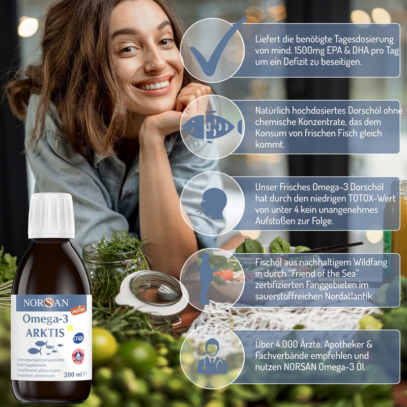 NORSAN Premium Omega 3 Arctic cod oil high dosage 200 ml / 2,000 mg Omega 3 per serving with lemon flavor/with EPA & DHA/Premium oil with 800 IU vitamin D3 200 ml (pack of 1) - NewNest Australia