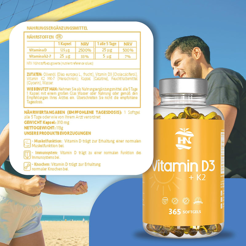 Vitamin D. (5000 IU) 365 Capsules Vitamin D3 + K2 High Dose Supports Immune and Bone Function High Concentration Antioxidants Antifettiga Soft Capsules Premium - NewNest Australia