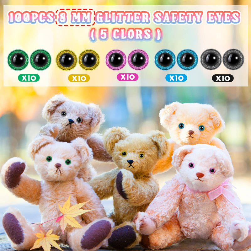 100 Pieces Large Safety Eyes for Amigurumi Stuffed Glitter Animal Eyes Plastic Craft Crochet Eyes for DIY of Puppet Bear Crafts Toy Doll Making Supplies (Brown, Purple, Green, Yellow,8mm) 8mm Brown, Purple, Green, Yellow - NewNest Australia