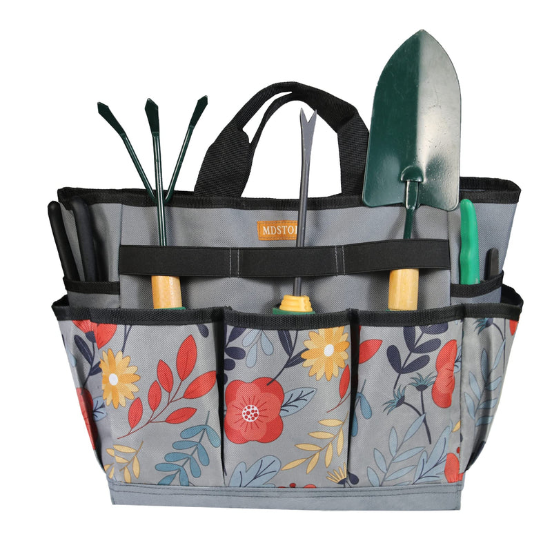 MDSTOP Garden Tool Bag, Garden Tool Kit Holder Home Organizer Storage Carrier, Oxford Garden Hand Tool Storage Tote Organizer with Handle and 8 Roomy Pockets, Floral Gardening Gift, Tools Not Included Grey - NewNest Australia