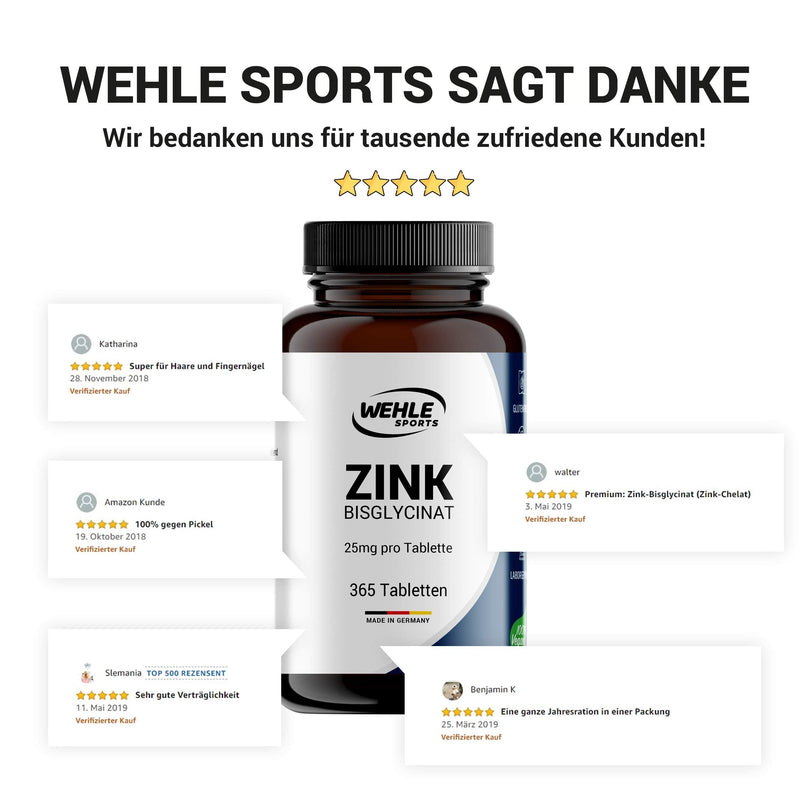 Wehle Zinc Tablets 365 high dosage (25mg per tablet) Multiple price-performance winner 2020* - Premium Zinc Bisglycinate - Laboratory tested, vegan, made in Germany - NewNest Australia