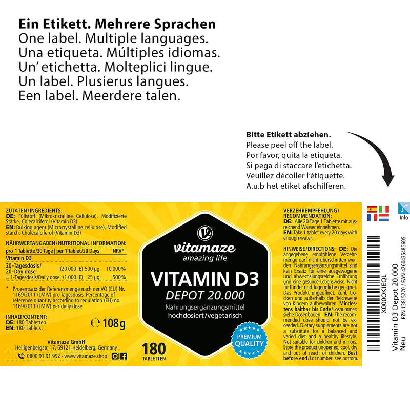 High-dose vitamin D3 20,000 IU per tablet (20-day dose), 180 vegetarian tablets (divisible), natural dietary supplement without additives, Made in Germany - NewNest Australia