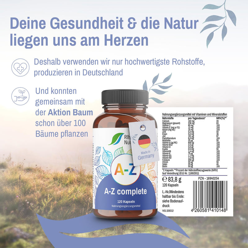 R(H) A Nutrition - Az Complete For A Good Supply Of Essential Vitamins & Minerals - Vitamin A To Zinc High Dose - Vegan & No Additives Made In Germany (120 Capsules) - NewNest Australia