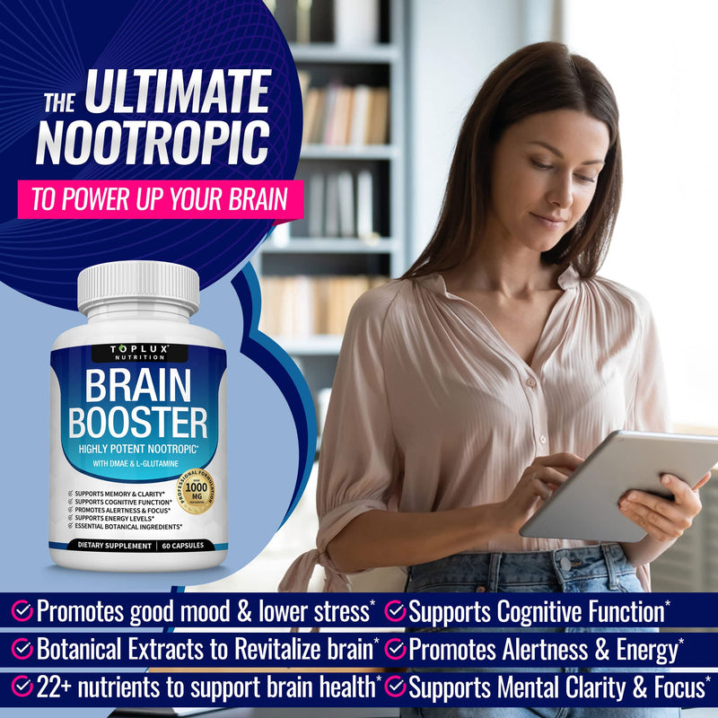 Brain Supplement Nootropic Booster – Brain Pills Vitamin for Focus, Memory, Clarity, Energy & Better Concentration, with DMAE, Bacopa Monnieri, L-Gutamine, For Men Women, 60 Capsules, Toplux Nutrition One - NewNest Australia