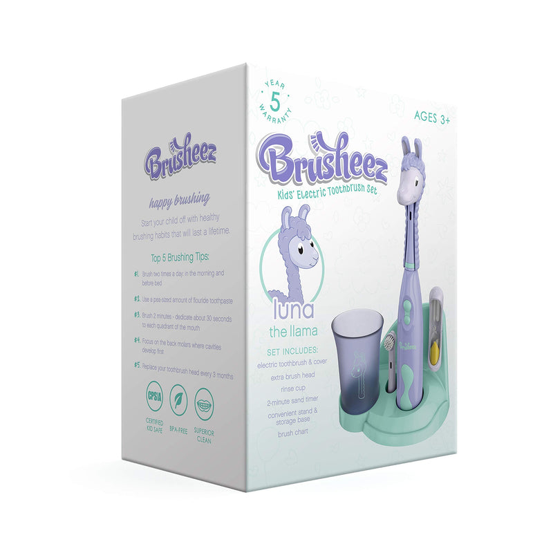 Brusheez® Kids Electric Toothbrush Set - Battery Operated, Soft Bristles, Easy-Press Power Button, 2 Brush Heads, Animal Cover, Sand Timer, Rinse Cup, and Storage Base - Ages 3+ (Luna The Llama) Luna the Llama - NewNest Australia