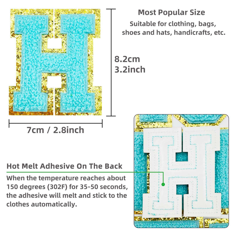 Jongdari Letter Patches Varsity Chenille Iron on Letters Patchs for Clothing English Letter A-Z with Gold Glitters Border, 26pcs Blue - NewNest Australia