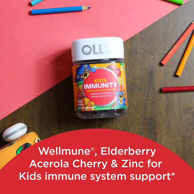 OLLY Kids Immunity Gummy, Immune Support, Wellmune, Elderberry, Vitamin C, Zinc, Kids Chewable Supplement, Cherry - 50 Count - NewNest Australia