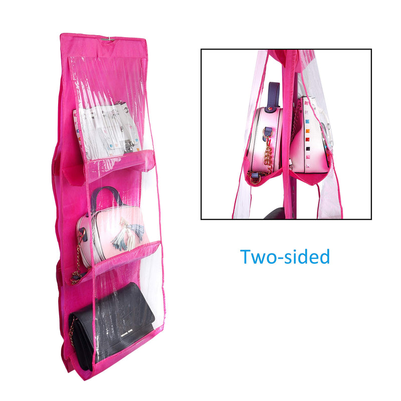 Kare & Kind Hanging Handbag Purse Tote Clutch Organizer Holder (Hot Pink) - Space Saver for Wardrobe, Closet Storage - Dust-Proof with 360° Swivel Hook and 6 Transparent Pockets - Gift, Travel, Home - NewNest Australia