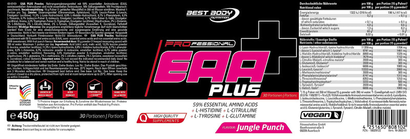 Best Body Nutrition Professional Eaa Plus - All 8 Essential Amino Acids + L-Histidine, L-Tyrosine, L-Glutamine And L-Citrulline - Vegan - Jungle Punch - 450 G Tin - NewNest Australia