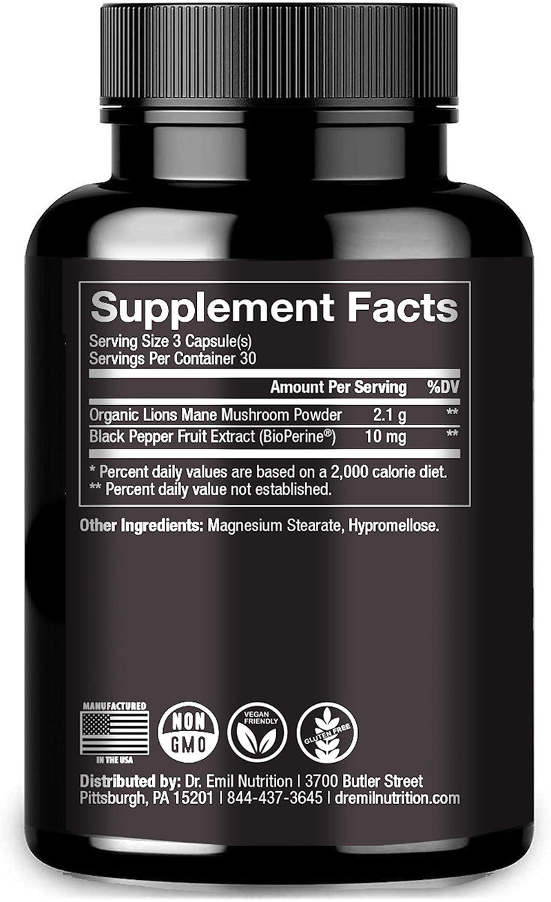 Dr. Emil Nutrition Organic Brain Boosting Lions Mane Mushroom Capsules with Absorption Enhancers, Powerful Nootropic Brain Supplement and Immune Support with 100% Organic Lions Mane Extract - NewNest Australia
