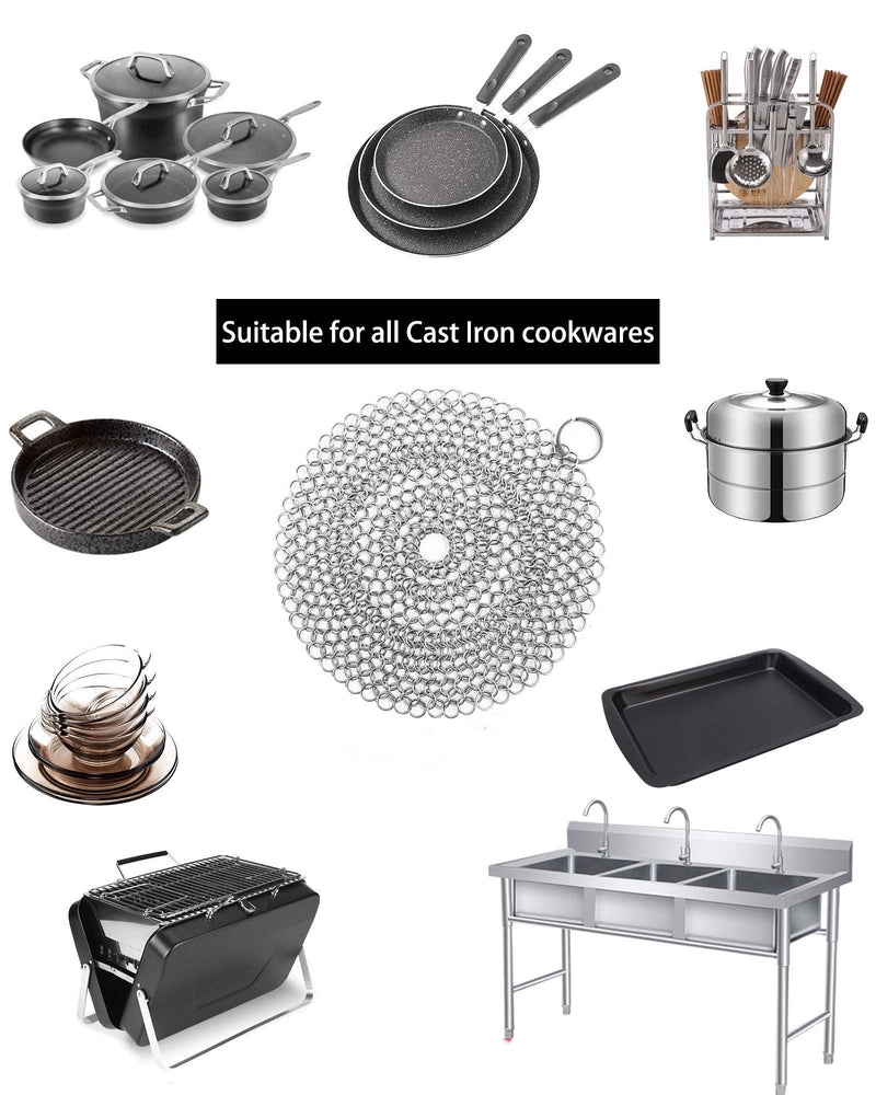 ONEEKK Cast Iron Skillet Cleaner Chainmail,2 Pack Premium Stainless Steel Chain Maille Scrubber for Cast Iron Pans,Stainless Steel,Glassware(7IN &5IN Round) - NewNest Australia