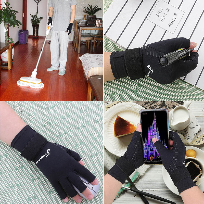 Tiny Chou 2 Pairs Copper Compression Arthritis Gloves with Adjustable Strap for Carpal Tunnel,Typing,Support (Small/Medium (2 Pairs)) Black Small/Medium (2 Pairs) - NewNest Australia