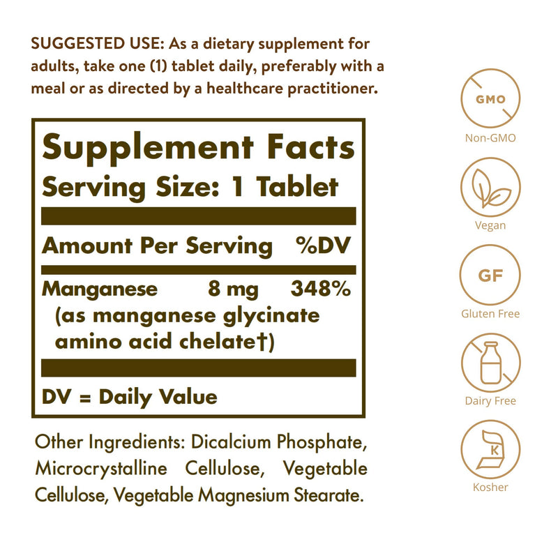 Solgar Chelated Manganese, 100 Tablets - Supports Bone, Joint & Nerve Health - Highly Absorbable - Non-GMO, Vegan, Gluten Free, Dairy Free, Kosher - 100 Servings - NewNest Australia