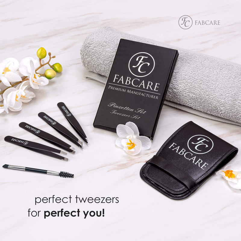 Fabcare Tweezers For Plucking Eyebrows (Slanted) Incl. Case - Improved Tip - Professional Eyebrow Tweezers With Anti-Slip Coating - Plucking Tweezers For Hair Removal - Tip Tweezers (Set) Ensemble De 5 Pi√®Ces - NewNest Australia