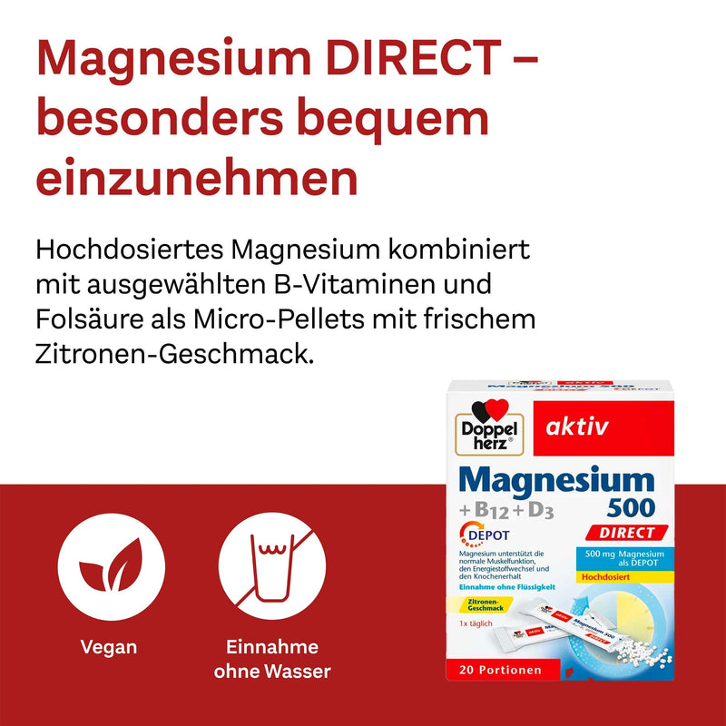 Doppelherz Magnesium 500 + B12 + D3 DIRECT with DEPOT function - Magnesium as a contribution to the normal function of the muscles and the nervous system - 20 portions of micro pellets - NewNest Australia