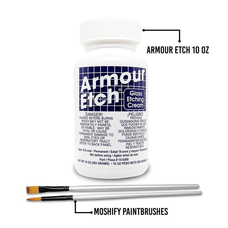 Armour Etch Glass Etching Cream Kit - Create Permanently Etched Designs - 10oz Net Weight - Bundled with Moshify Application Brushes - NewNest Australia