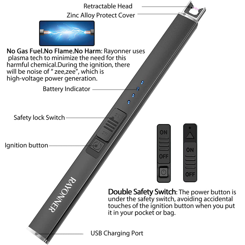 RAYONNER Lighter Electric Lighter Candle Lighter Rechargeable USB Lighter Arc Lighter Black 1 Count - NewNest Australia