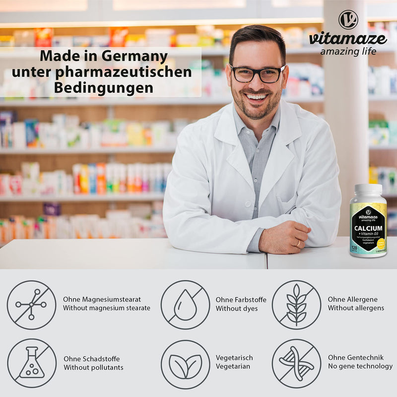 Calcium + Vitamin D3 High Dose, 600 Mg Calcium Carbonate + 400 Iu Cholecalciferol Per Daily Dose, 120 Vegetarian Tablets For 2 Months, Dietary Supplement Without Additives, Made In Germany - NewNest Australia