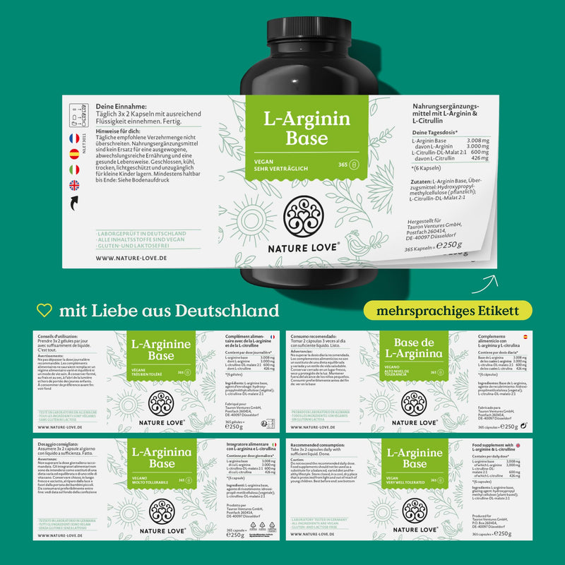 Nature Love L-Arginine Base With Citrulline - Premium: Vegetable Arginine In Base Shape With 99.7+% Purity - 365 Laboratory Tested Capsules - High Dose, Vegan, Made In Germany - NewNest Australia