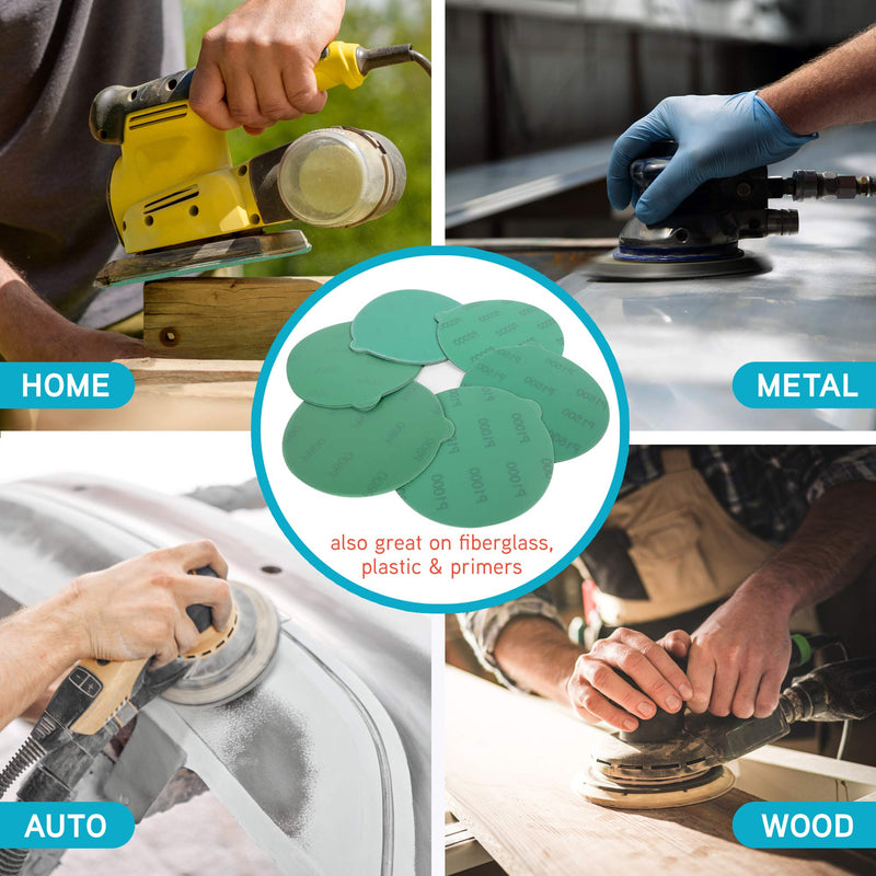 LotFancy 6 Inch PSA Sanding Discs with Tabs, 60PCS 400 600 800 1000 1500 2000 Grit Wet Dry Green Film Backed Sandpaper Assortment, Random Orbital Sander Fine Grit Sand Paper 400-2000 Grit, 60PCS - NewNest Australia