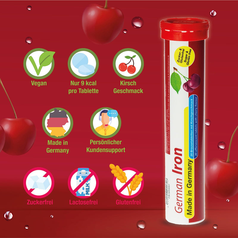 German Iron Effervescent Tablets Pack Of 60 - Cherry Flavor - 14 Mg Iron Sugar-Free, Vegan - T&D Pharma German Iron - Made In Germany Cherry 60 Pieces (Pack Of 1) - NewNest Australia