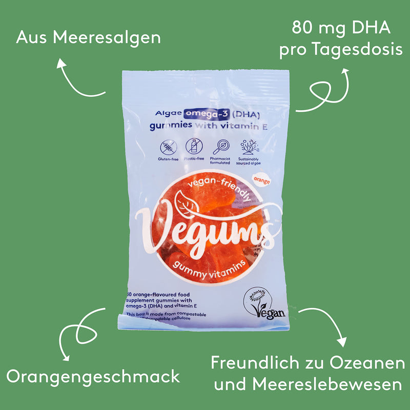 Vegums Fish-Free Omega-3 for Kids and Adults | 30 Orange-Flavoured Food Supplement Gummies with Omega-3 (DHA) Sourced from Marine Algae & Vitamin E | Suitable for Vegans and Vegetarians 30 Count (Pack of 1) - NewNest Australia