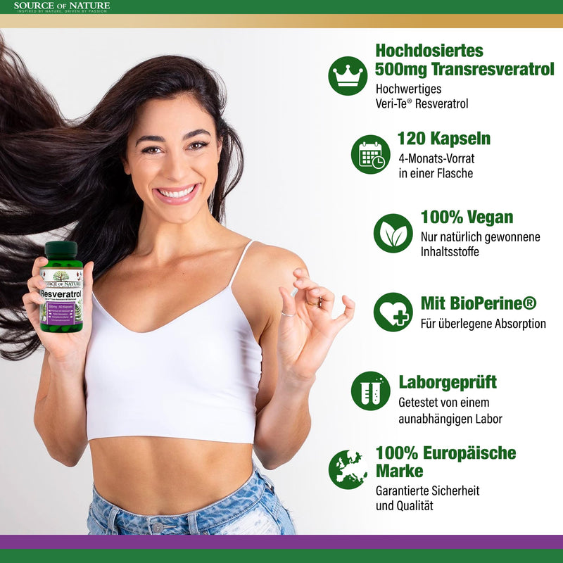 Source of Nature® | TRANS-RESVERATROL 500mg | 120 capsules | 4 month supply | > 98% pure active ingredient made in Europe | High dosage | Vegan | Antioxidant protection 120 pieces (pack of 1) - NewNest Australia