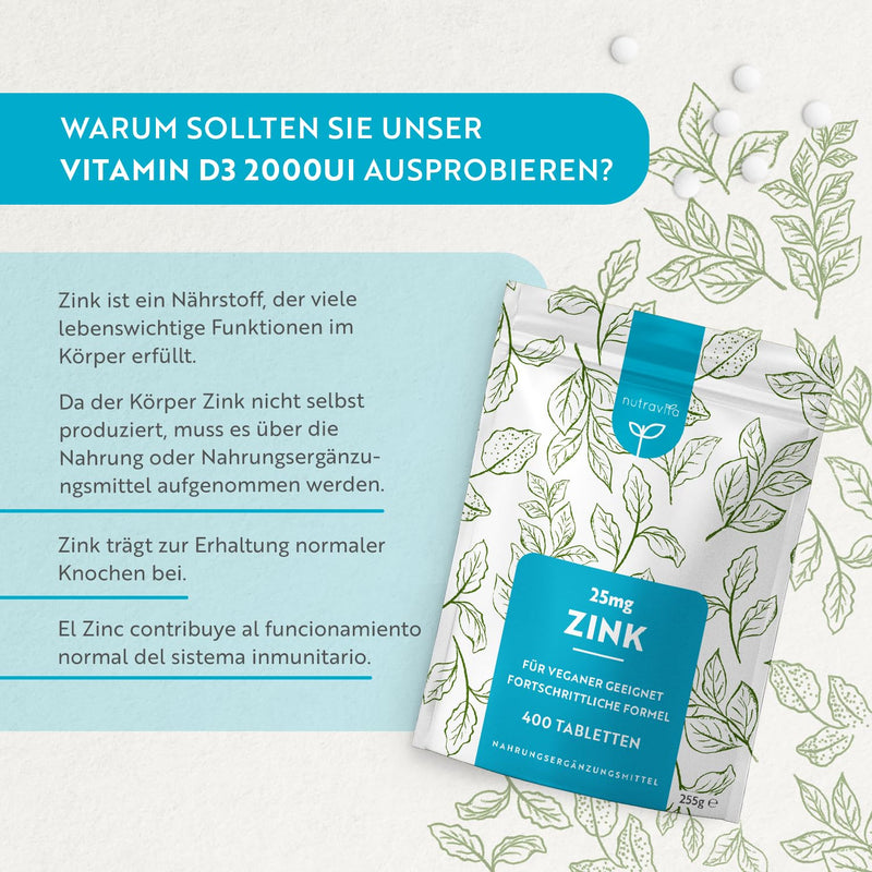 Zinc Tablets 25mg - 400 Vegan Tablets - High Dose Zinc, Without Unnecessary Additives - For Maintaining a Normal Immune System, Cognitive Function, Bones, Hair & Skin - Nutravita - NewNest Australia