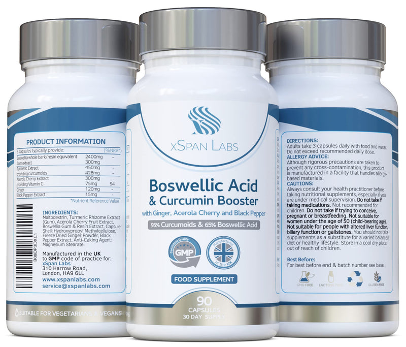 Boswellic Acid & Curcumin Booster Complex – 1 Month Supply, 90 Capsules – containing Minimum 95% Curcumoids & 65% Boswellic Acid - with Added Ginger, Acerola Cherry and Black Pepper - NewNest Australia