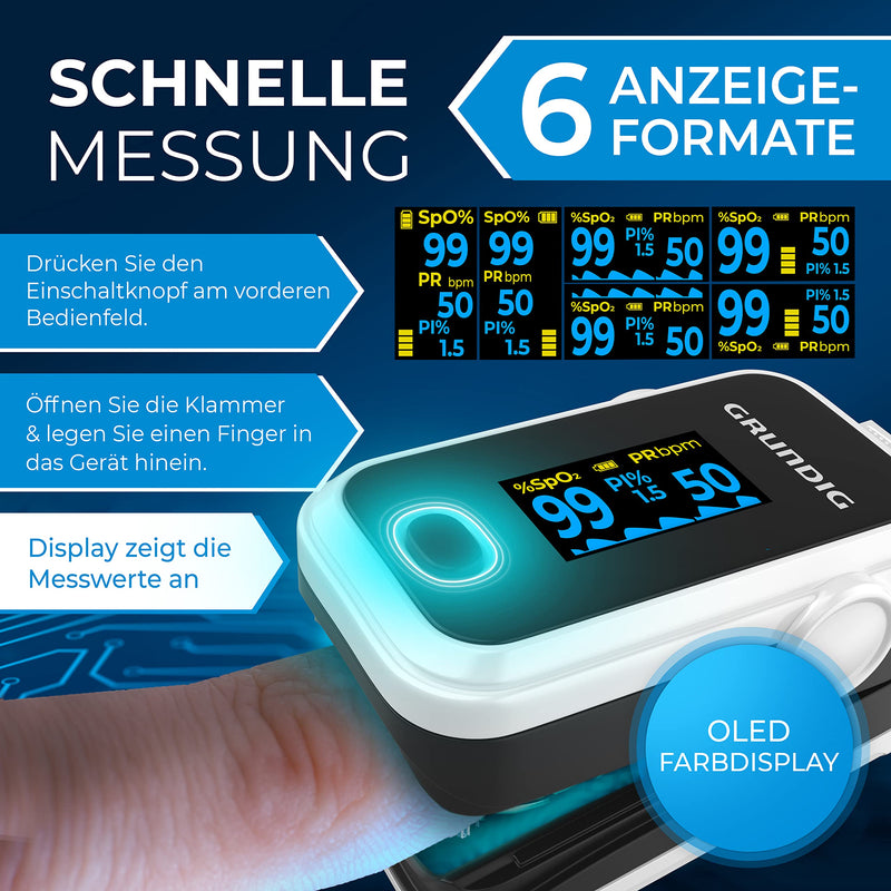 Grundig Pulse Oximeter Oxygen Saturation Oximeter, High Precision Finger Oximeter Meter For Clinically Accurate Determination Of Oxygen Saturation In Blood, Finger Measuring Device With Pulse Monitor Test - NewNest Australia