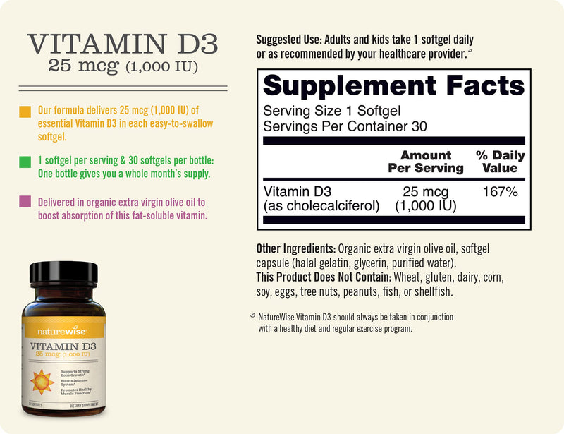 NatureWise Vitamin D3 1000iu (25 mcg) 1 Month Supply for Healthy Muscle Function, Bone Health and Immune Support, Non-GMO, Gluten Free in Cold-Pressed Olive Oil, Packaging May V, 30 Count 30 Count (Pack of 1) 1000 IUs - NewNest Australia